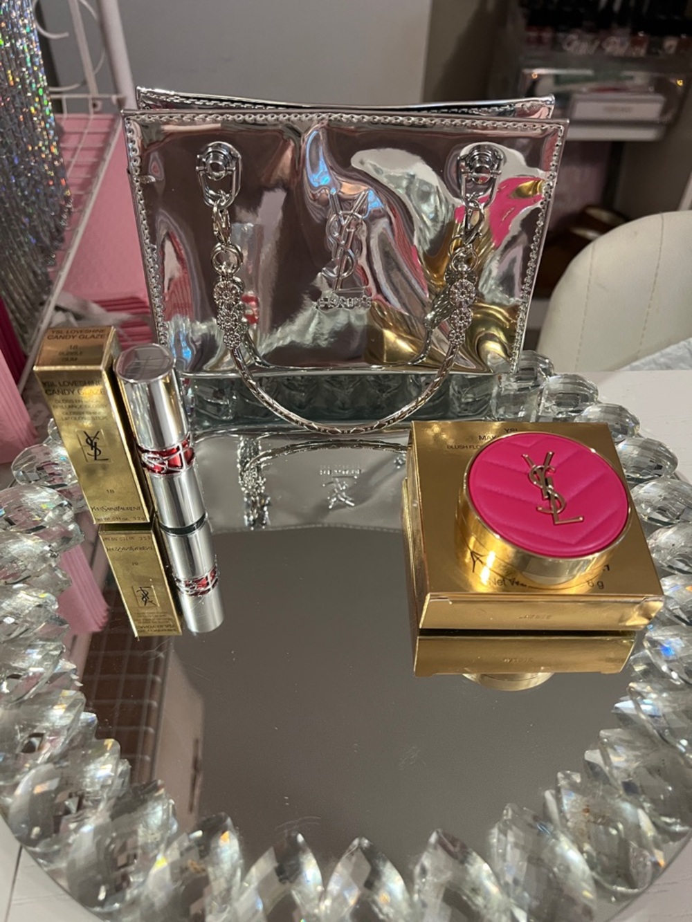 Yves Saint Laurent Silver Mirror-Effect Mini Tote w-Make Me Blush Fuchsia Fizz